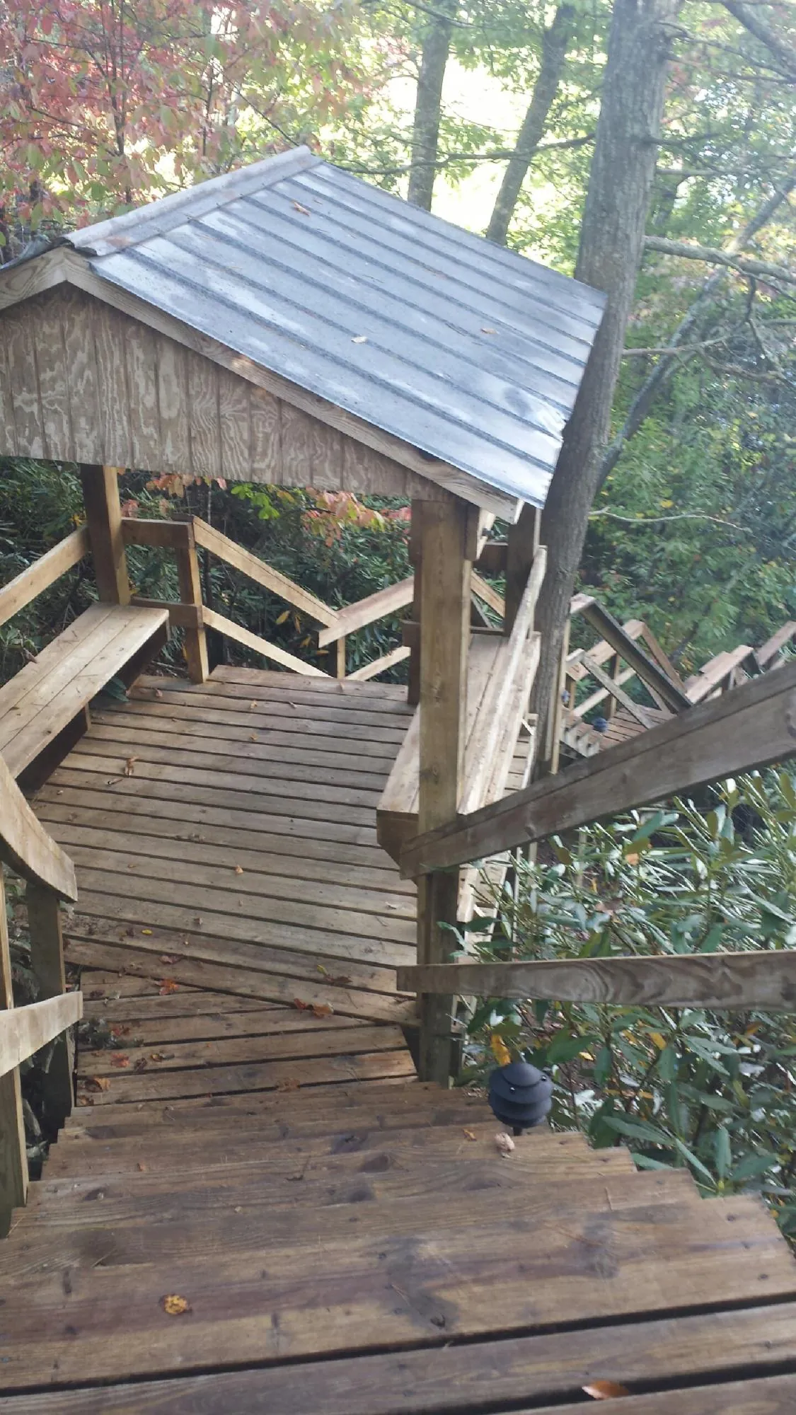 Metal roofed shelter over wooden steps on a wooded walkway — Skylight Repair & Installation work by our crew in Mahnomen
